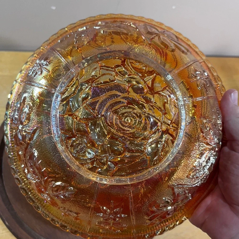 Vtg Imperial Glass Marigold Carnival Rose Floral Pattern Scalloped Edge 10